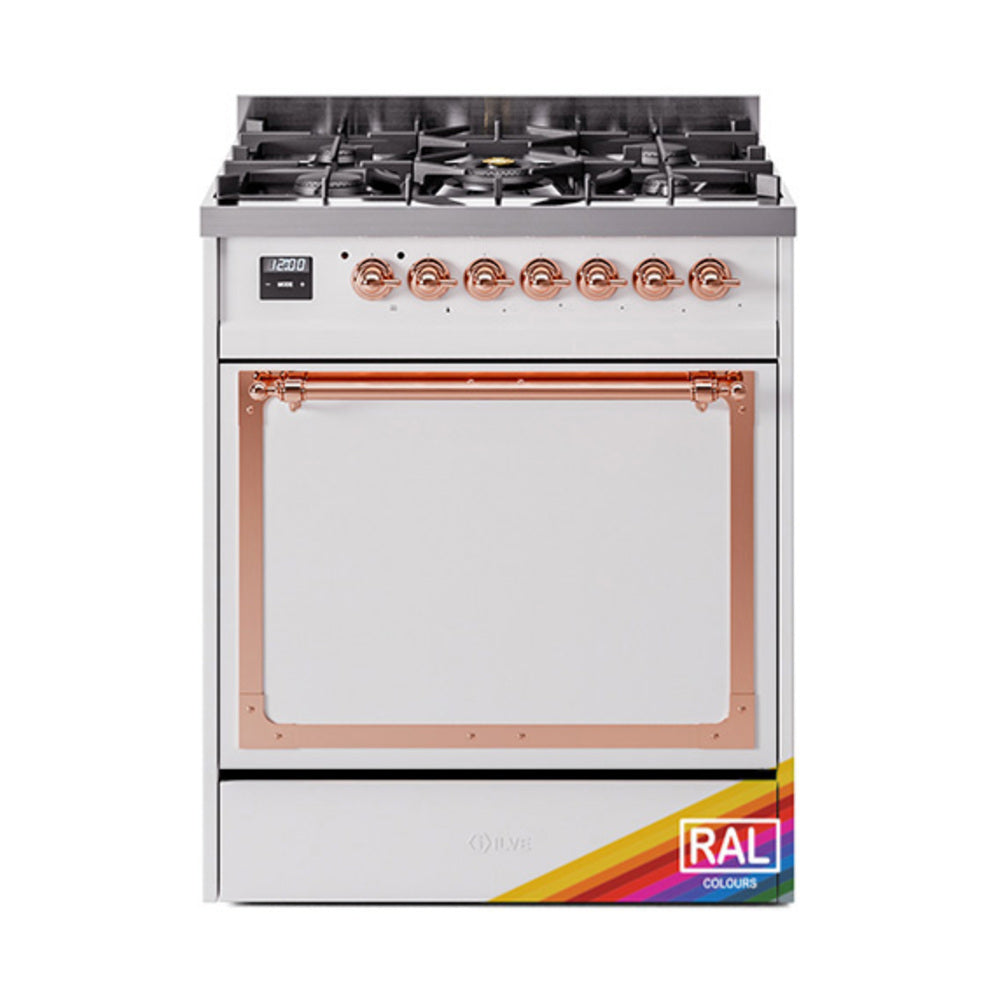 ILVE Nostalgie II Noblesse 30-Inch Natural Gas Dual Fuel Range, Solid Door Oven, Custom RAL with Copper Trim (UN30QNMPRAP)