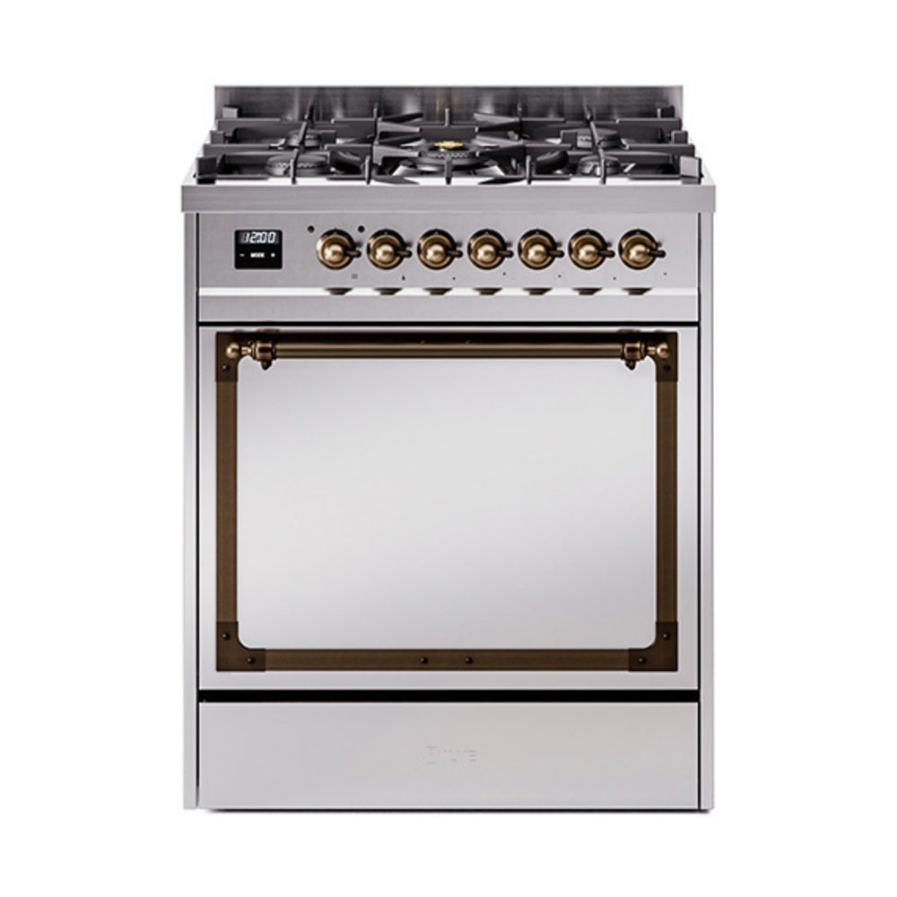 ILVE Nostalgie II Noblesse 30-Inch Natural Gas Dual Fuel Range, Solid Door Oven, Stainless Steel with Burnished Bronze Trim (UN30QNMPSSB)