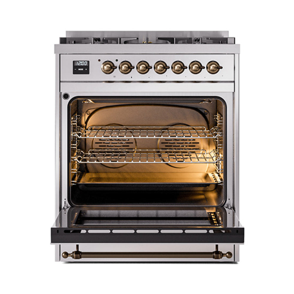 ILVE Nostalgie II Noblesse 30-Inch Propane Gas Dual Fuel Range, Solid Door Oven, Stainless Steel with Burnished Bronze Trim (UN30QNMPSSBLP)