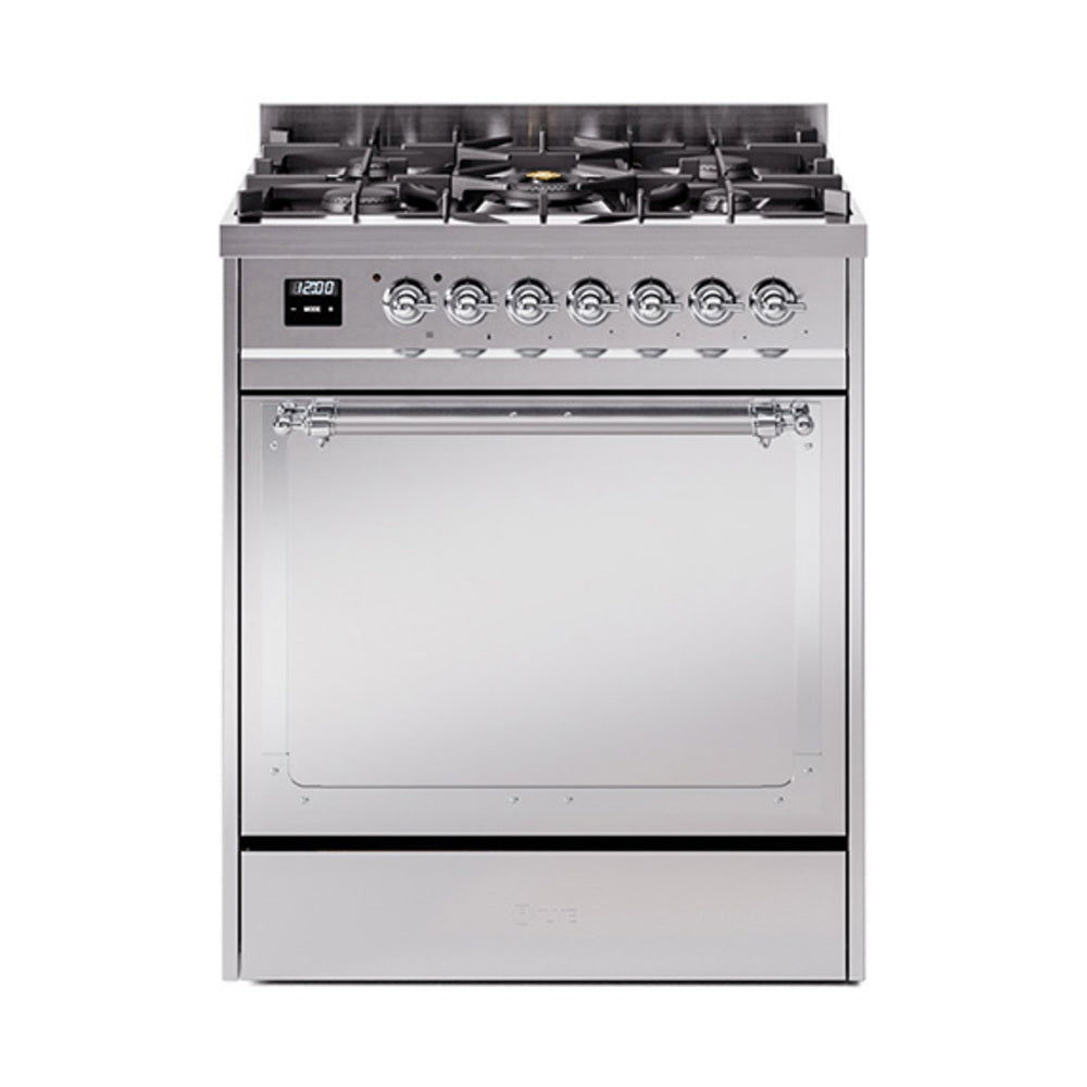 ILVE Nostalgie II Noblesse 30-Inch Propane Gas Dual Fuel Range, Solid Door Oven, Stainless Steel with Chrome Trim (UN30QNMPSSCLP)
