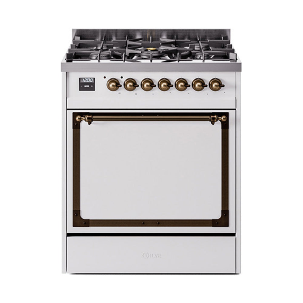 ILVE Nostalgie II Noblesse 30-Inch Natural Gas Dual Fuel Range, Solid Door Oven, White with Burnished Bronze Trim (UN30QNMPWHB)
