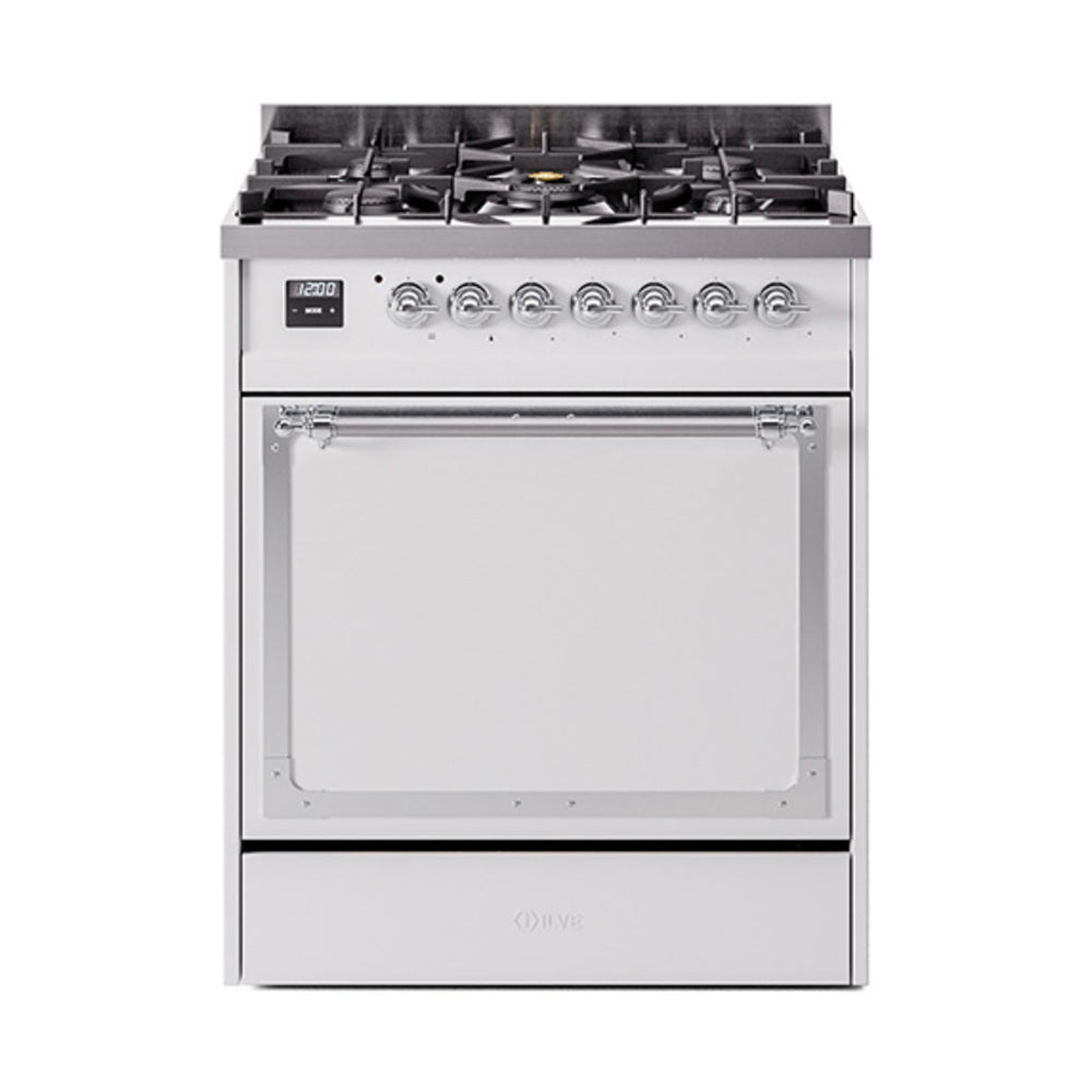 ILVE Nostalgie II Noblesse 30-Inch Propane Gas Dual Fuel Range, Solid Door Oven, White with Chrome Trim (UN30QNMPWHCLP)