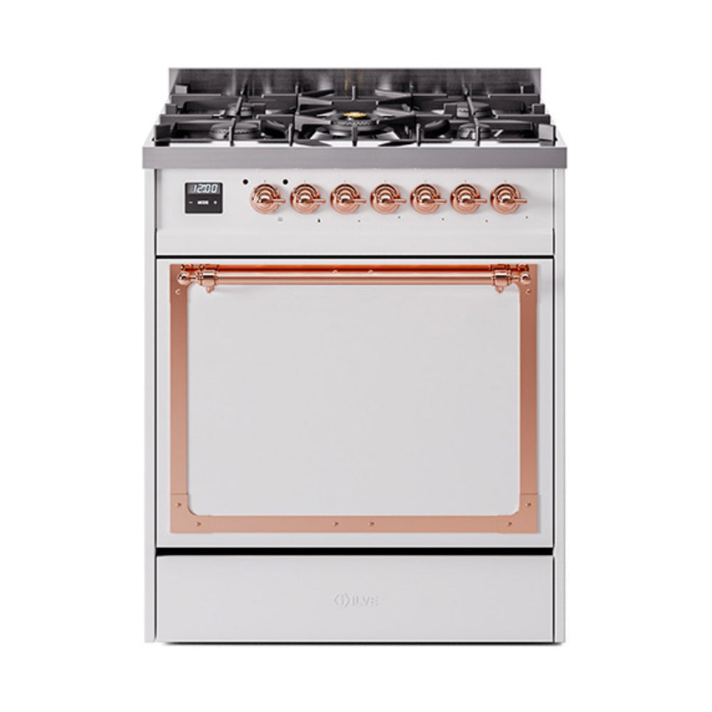ILVE Nostalgie II Noblesse 30-Inch Propane Gas Dual Fuel Range, Solid Door Oven, White with Copper Trim (UN30QNMPWHPLP)