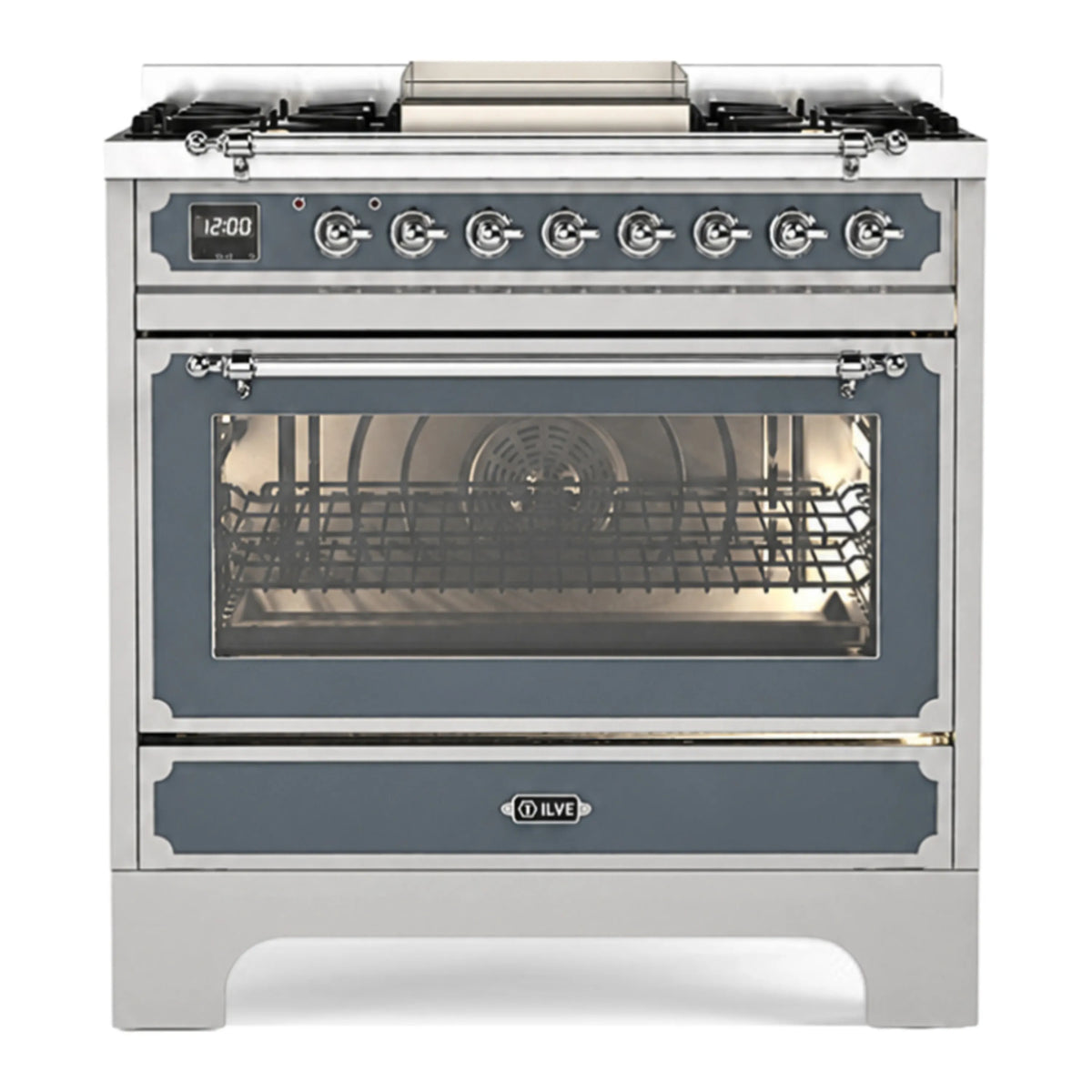 ILVE Decor 36-Inch Dual Fuel Range, 4 Gas Burners, Griddle, 25,000 BTU Dual Ring Burner, 4 Cu. Ft. Electric Oven, Blue Grey (UN361FWMPBGC)