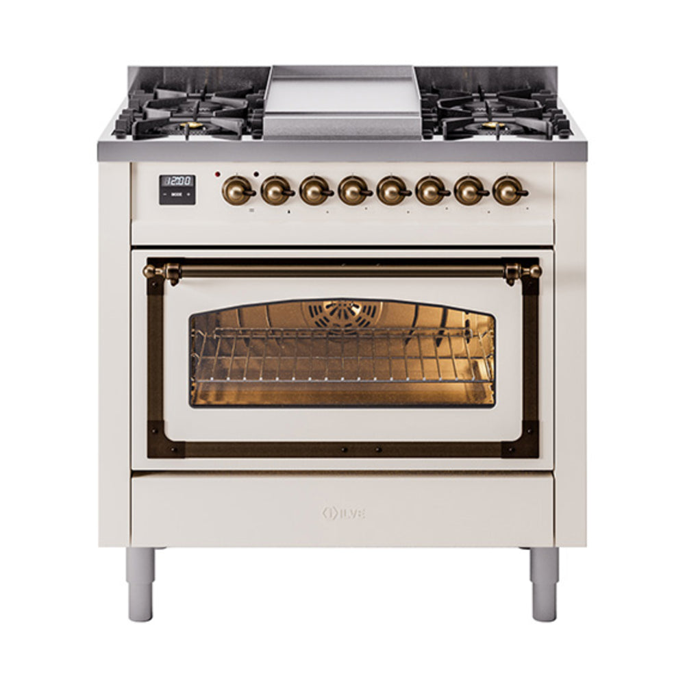 ILVE Nostalgie II Noblesse 36-Inch Propane Dual Fuel Range, Triple Glass Door, Antique White with Burnished Bronze Trim (UN36FNMPAWBLP)