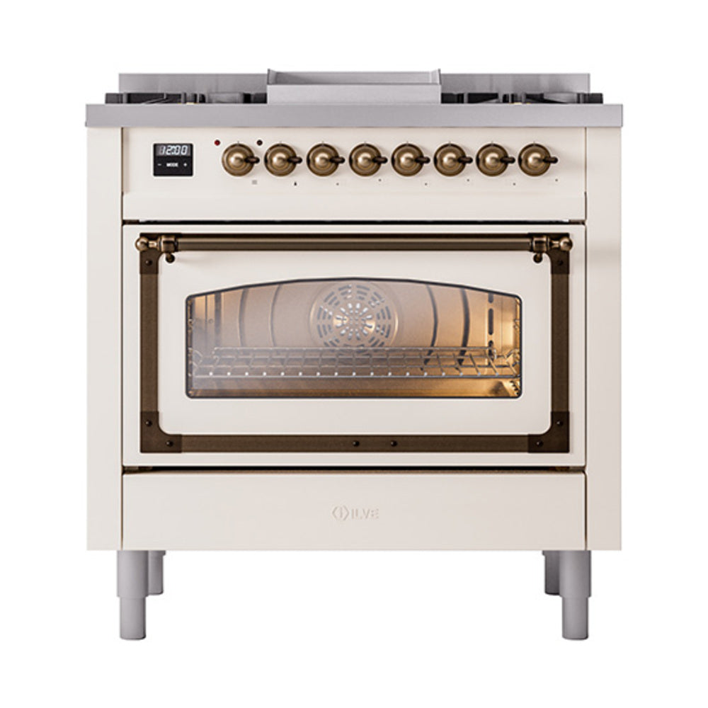 ILVE Nostalgie II Noblesse 36-Inch Natural Gas Dual Fuel Range, Triple Glass Door Oven, Antique White with Burnished Bronze Trim (UN36FNMPAWB)