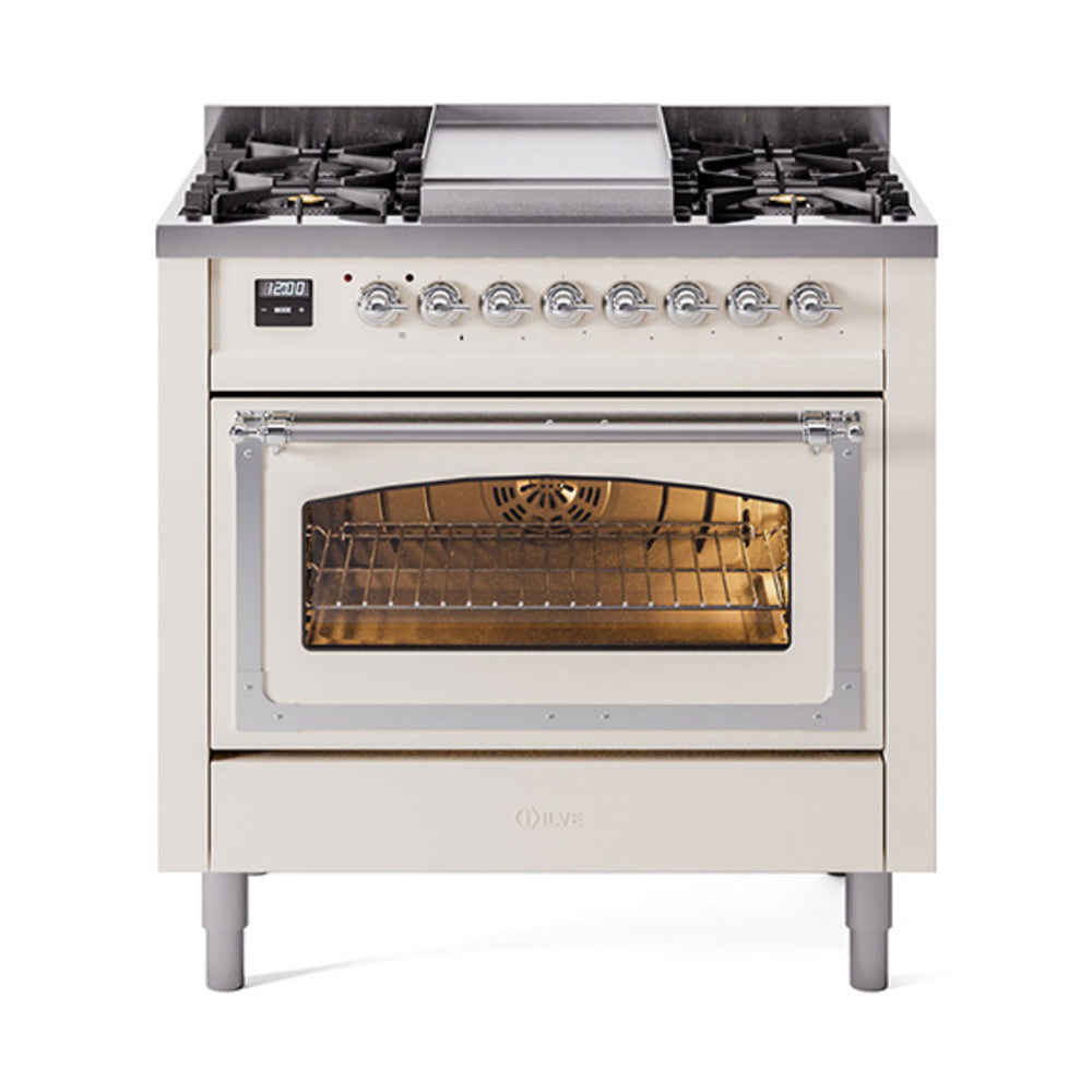 ILVE Nostalgie II Noblesse 36-Inch Propane Dual Fuel Range, Triple Glass Door, Antique White with Chrome Trim (UN36FNMPAWCLP)