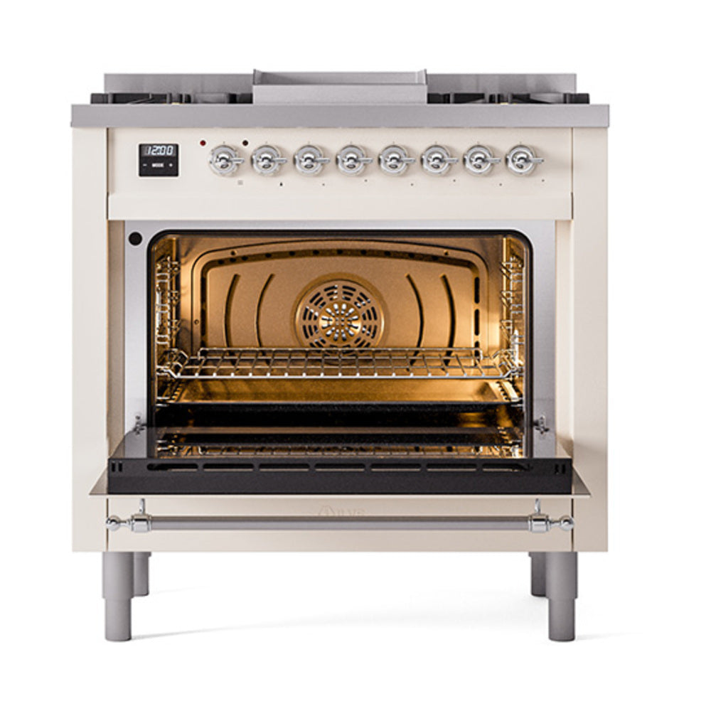 ILVE Nostalgie II Noblesse 36-Inch Natural Gas Dual Fuel Range, Triple Glass Door Oven, Antique White with Chrome Trim (UN36FNMPAWC)