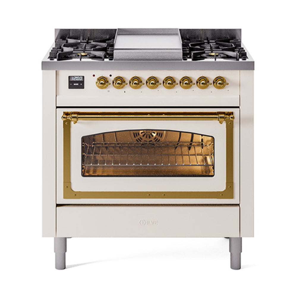 ILVE Nostalgie II Noblesse 36-Inch Natural Gas Dual Fuel Range, Triple Glass Door Oven, Antique White with Brass Trim (UN36FNMPAWG)