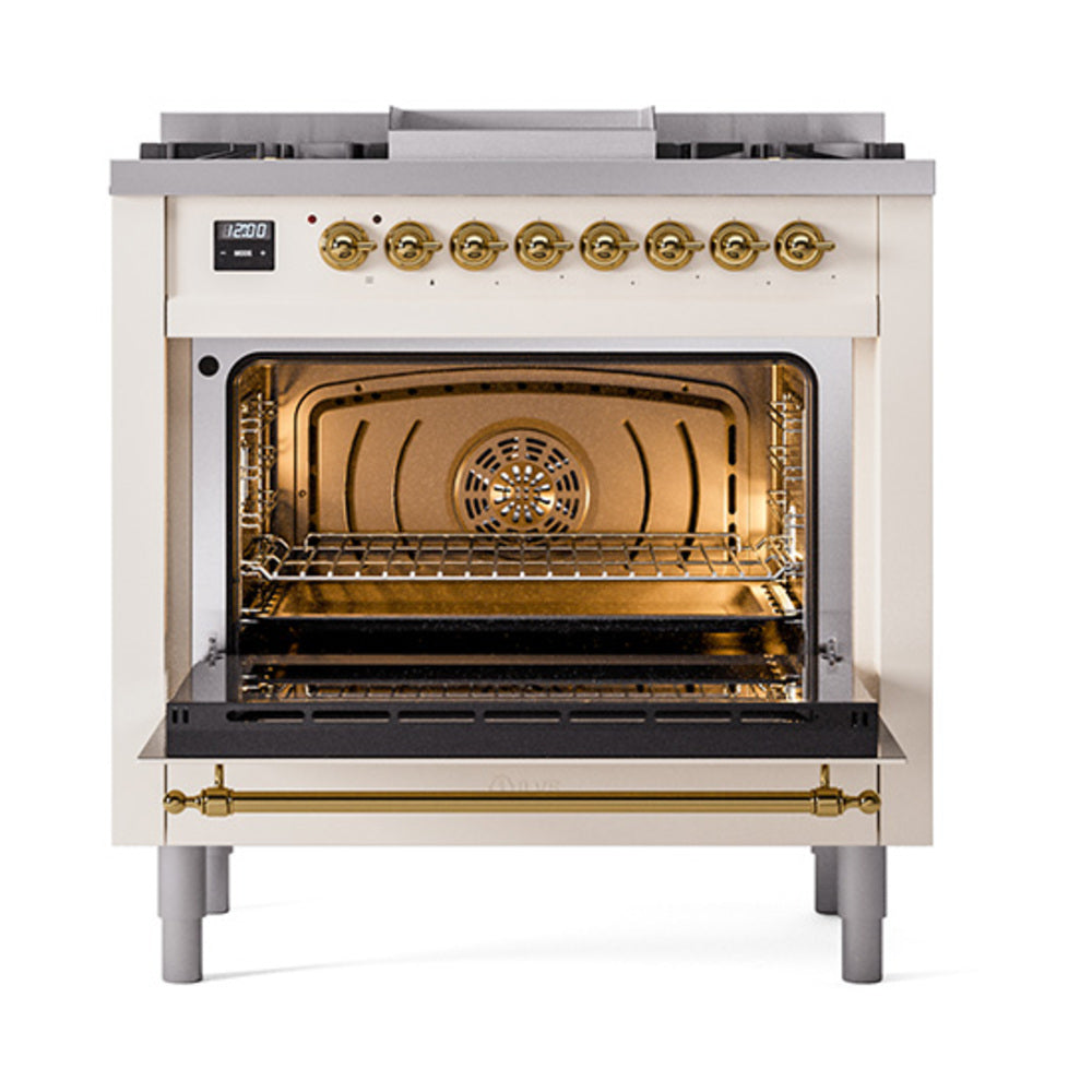 ILVE Nostalgie II Noblesse 36-Inch Natural Gas Dual Fuel Range, Triple Glass Door Oven, Antique White with Brass Trim (UN36FNMPAWG)
