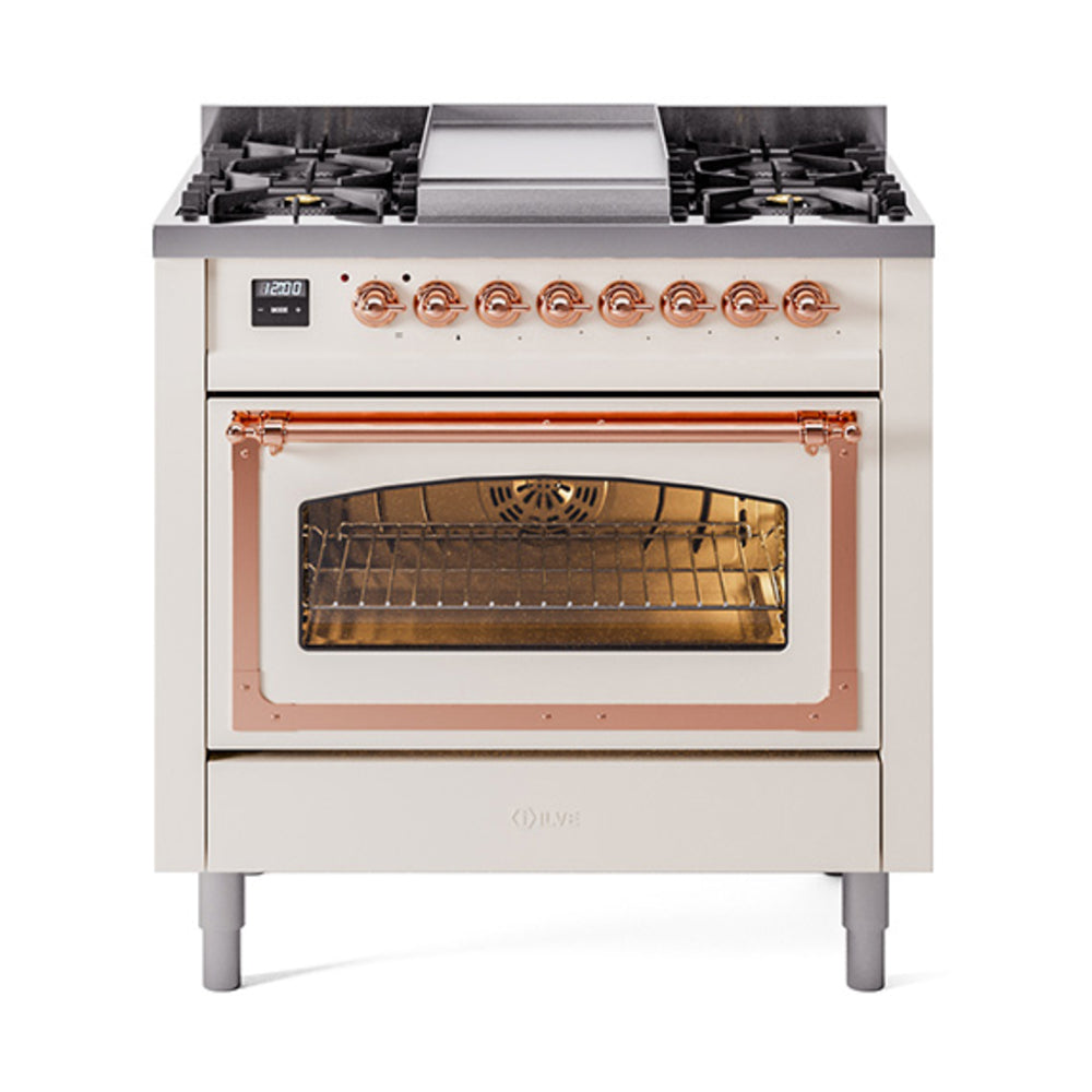 ILVE Nostalgie II Noblesse 36-Inch Natural Gas Dual Fuel Range, Triple Glass Door Oven, Antique White with Copper Trim (UN36FNMPAWP)
