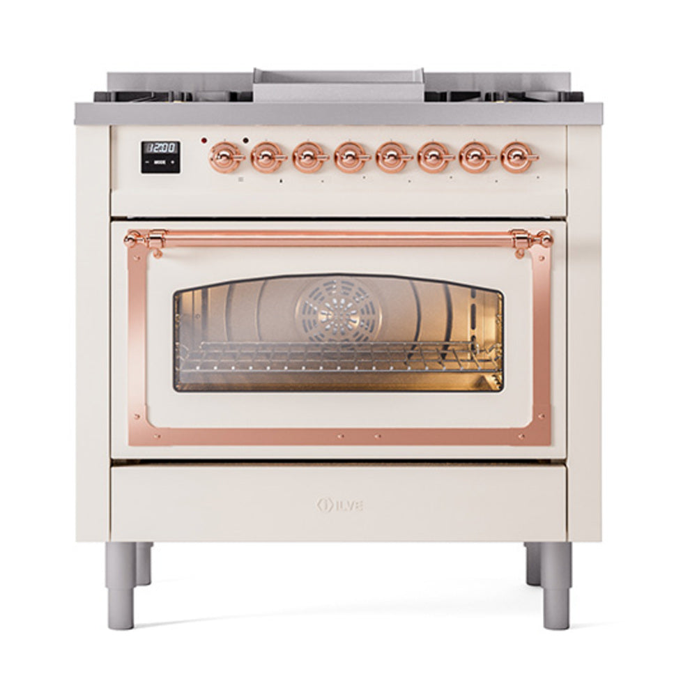 ILVE Nostalgie II Noblesse 36-Inch Propane Dual Fuel Range, Triple Glass Door, Antique White with Copper Trim (UN36FNMPAWPLP)