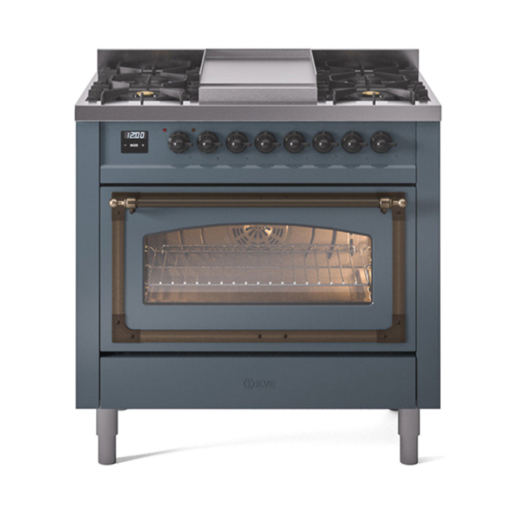 ILVE Nostalgie II Noblesse 36-Inch Propane Dual Fuel Range, Triple Glass Door, Blue Grey with Burnished Bronze Trim (UN36FNMPBGBLP)