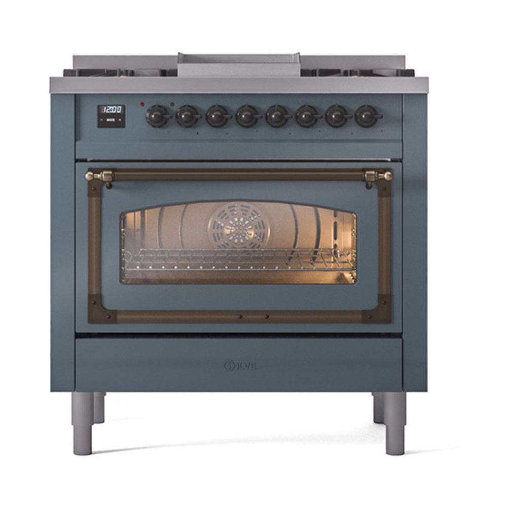 ILVE Nostalgie II Noblesse 36-Inch Natural Gas Dual Fuel Range, Triple Glass Door Oven, Blue Grey with Burnished Bronze Trim (UN36FNMPBGB)
