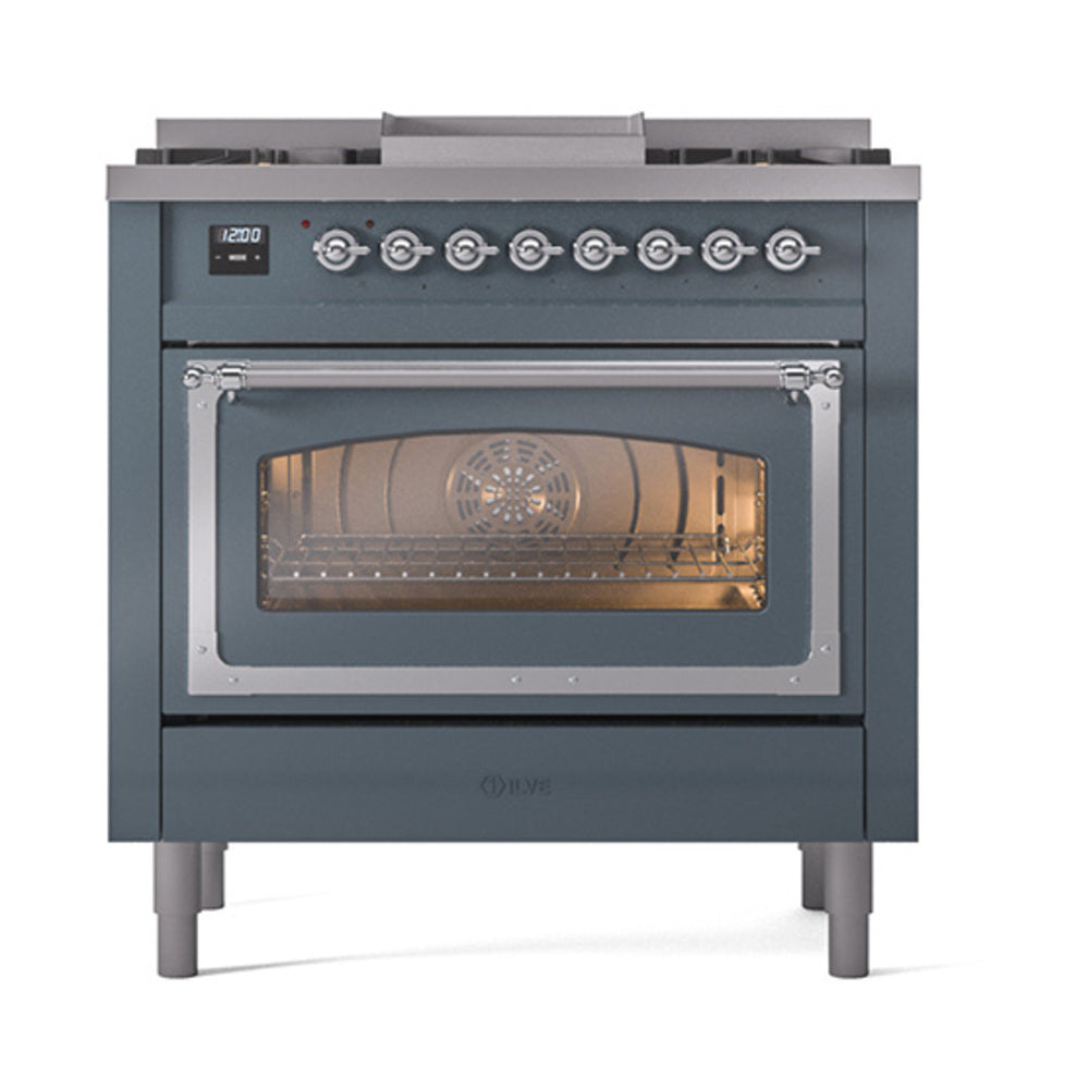 ILVE Nostalgie II Noblesse 36-Inch Propane Dual Fuel Range, Triple Glass Door, Blue Grey with Chrome Trim (UN36FNMPBGCLP)