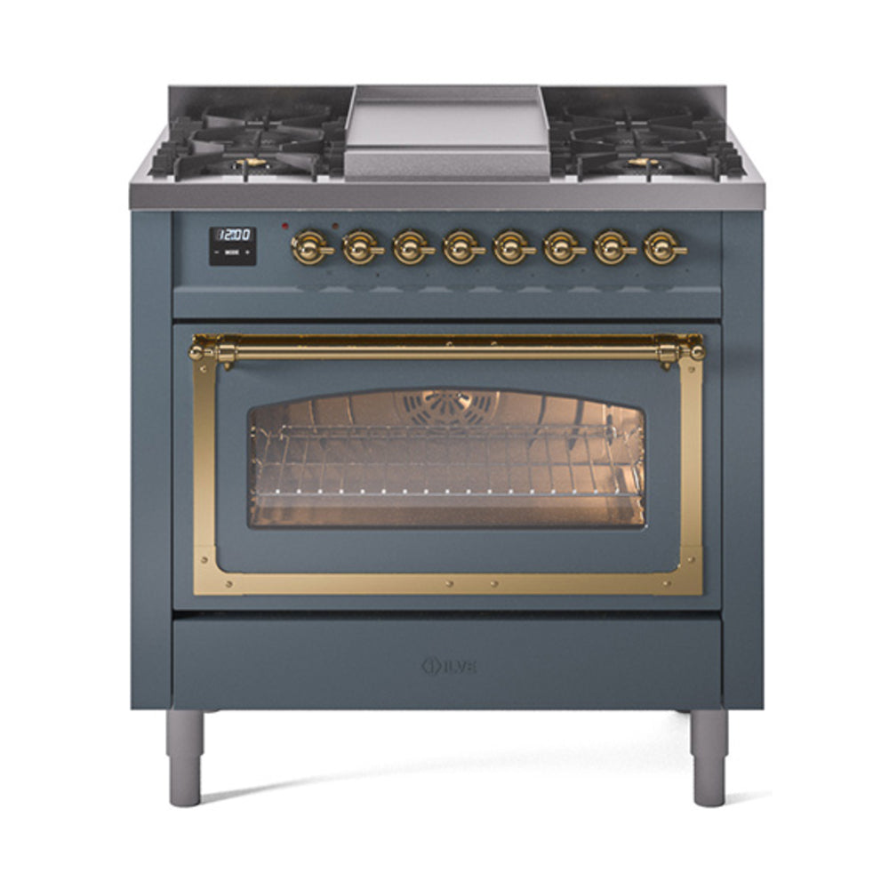 ILVE Nostalgie II Noblesse 36-Inch Natural Gas Dual Fuel Range, Triple Glass Door Oven, Blue Grey with Brass Trim (UN36FNMPBGG)