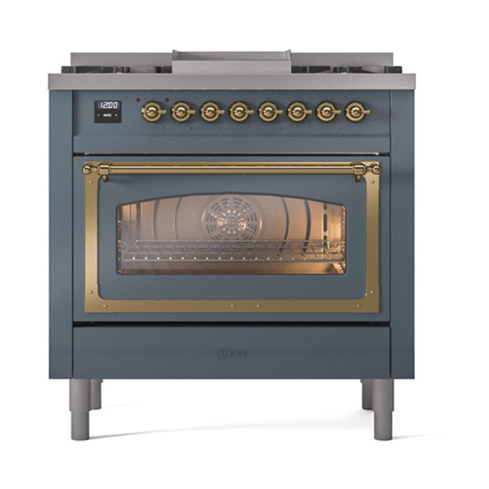 ILVE Nostalgie II Noblesse 36-Inch Propane Dual Fuel Range, Triple Glass Door, Blue Grey with Brass Trim (UN36FNMPBGGLP)