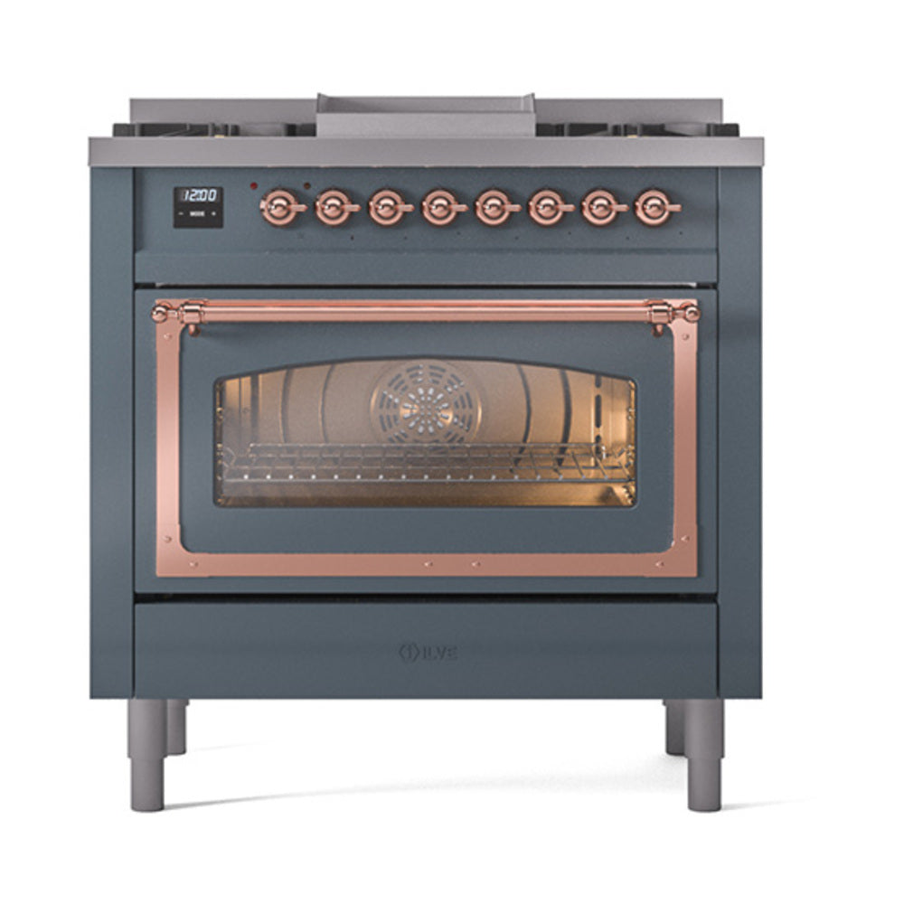 ILVE Nostalgie II Noblesse 36-Inch Propane Dual Fuel Range, Triple Glass Door, Blue Grey with Copper Trim (UN36FNMPBGPLP)