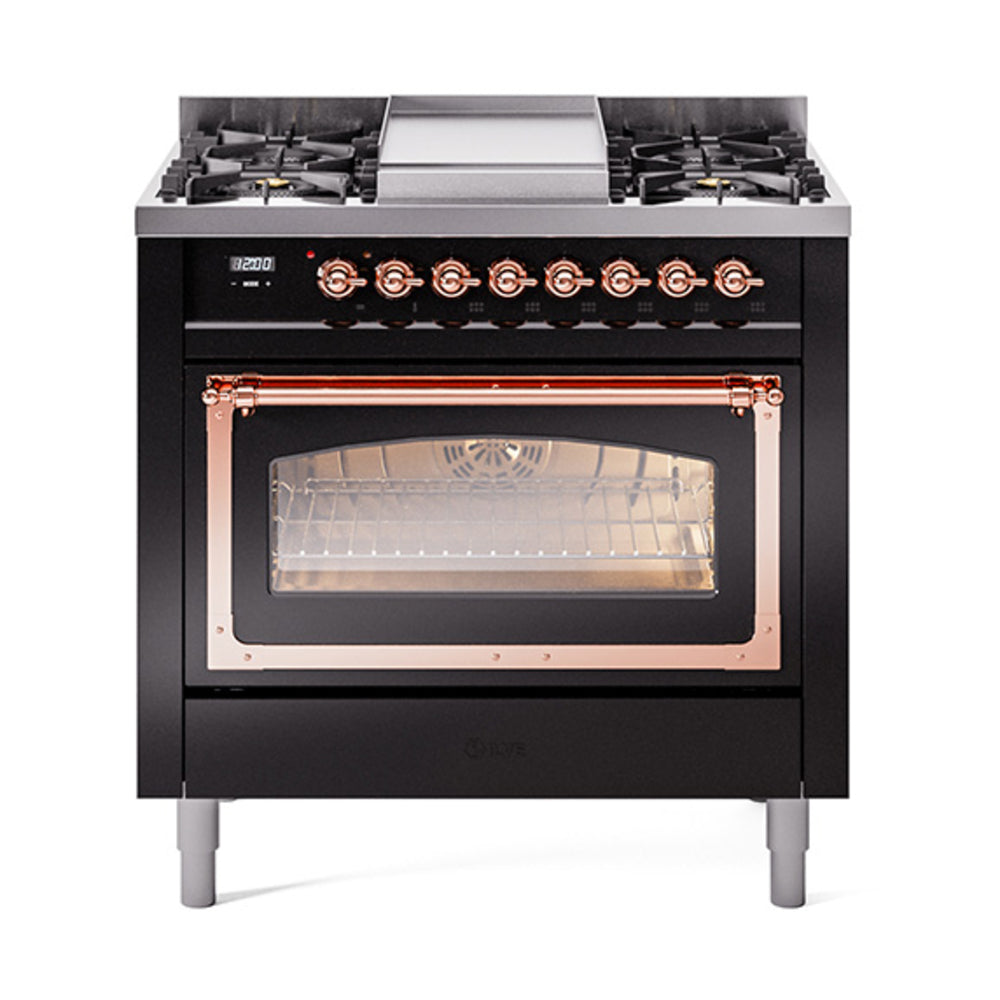 ILVE Nostalgie II Noblesse 36-Inch Natural Gas Dual Fuel Range, Triple Glass Door Oven, Glossy Black with Copper Trim (UN36FNMPBKP)