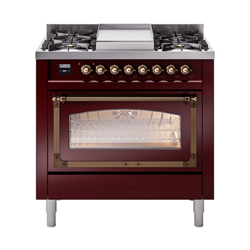 ILVE Nostalgie II Noblesse 36-Inch Natural Gas Dual Fuel Range, Triple Glass Door Oven, Burgundy with Burnished Bronze Trim (UN36FNMPBUB)