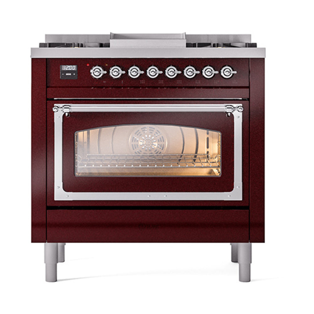 ILVE Nostalgie II Noblesse 36-Inch Natural Gas Dual Fuel Range, Triple Glass Door Oven, Burgundy with Chrome Trim (UN36FNMPBUC)