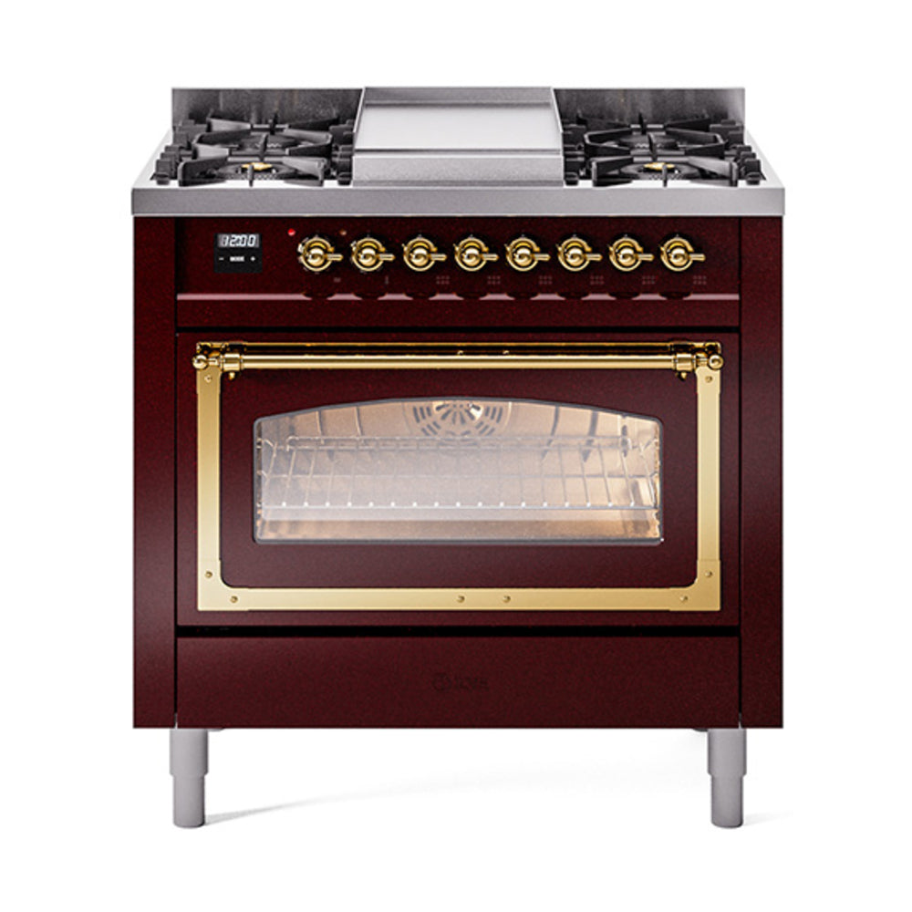 ILVE Nostalgie II Noblesse 36-Inch Propane Dual Fuel Range, Triple Glass Door, Burgundy with Brass Trim (UN36FNMPBUGLP)