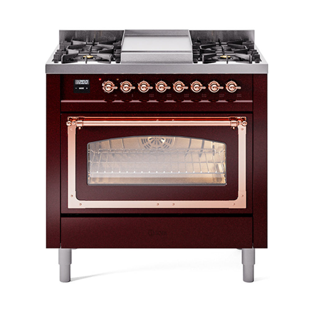 ILVE Nostalgie II Noblesse 36-Inch Natural Gas Dual Fuel Range, Triple Glass Door Oven, Burgundy with Copper Trim (UN36FNMPBUP)