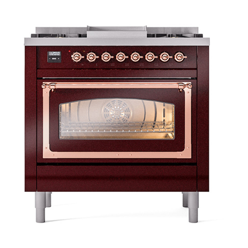 ILVE Nostalgie II Noblesse 36-Inch Propane Dual Fuel Range, Triple Glass Door, Burgundy with Copper Trim (UN36FNMPBUPLP)