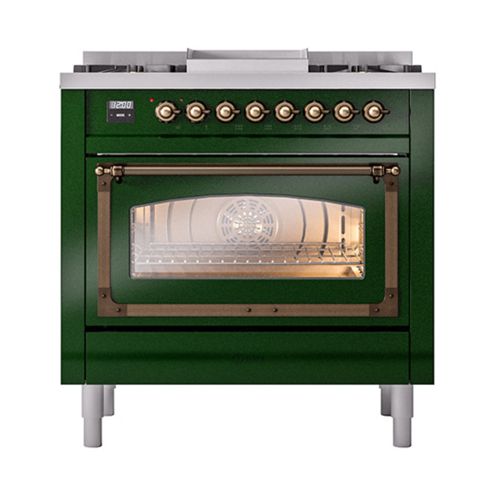 ILVE Nostalgie II Noblesse 36-Inch Propane Dual Fuel Range, Triple Glass Door, Emerald Green with Burnished Bronze Trim (UN36FNMPEGBLP)