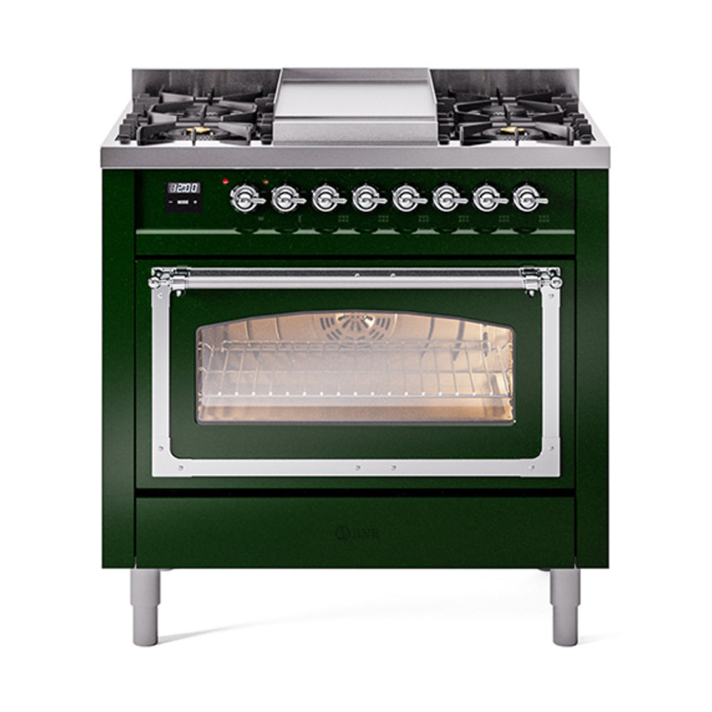 ILVE Nostalgie II Noblesse 36-Inch Natural Gas Dual Fuel Range, Triple Glass Door Oven, Emerald Green with Chrome Trim (UN36FNMPEGC)