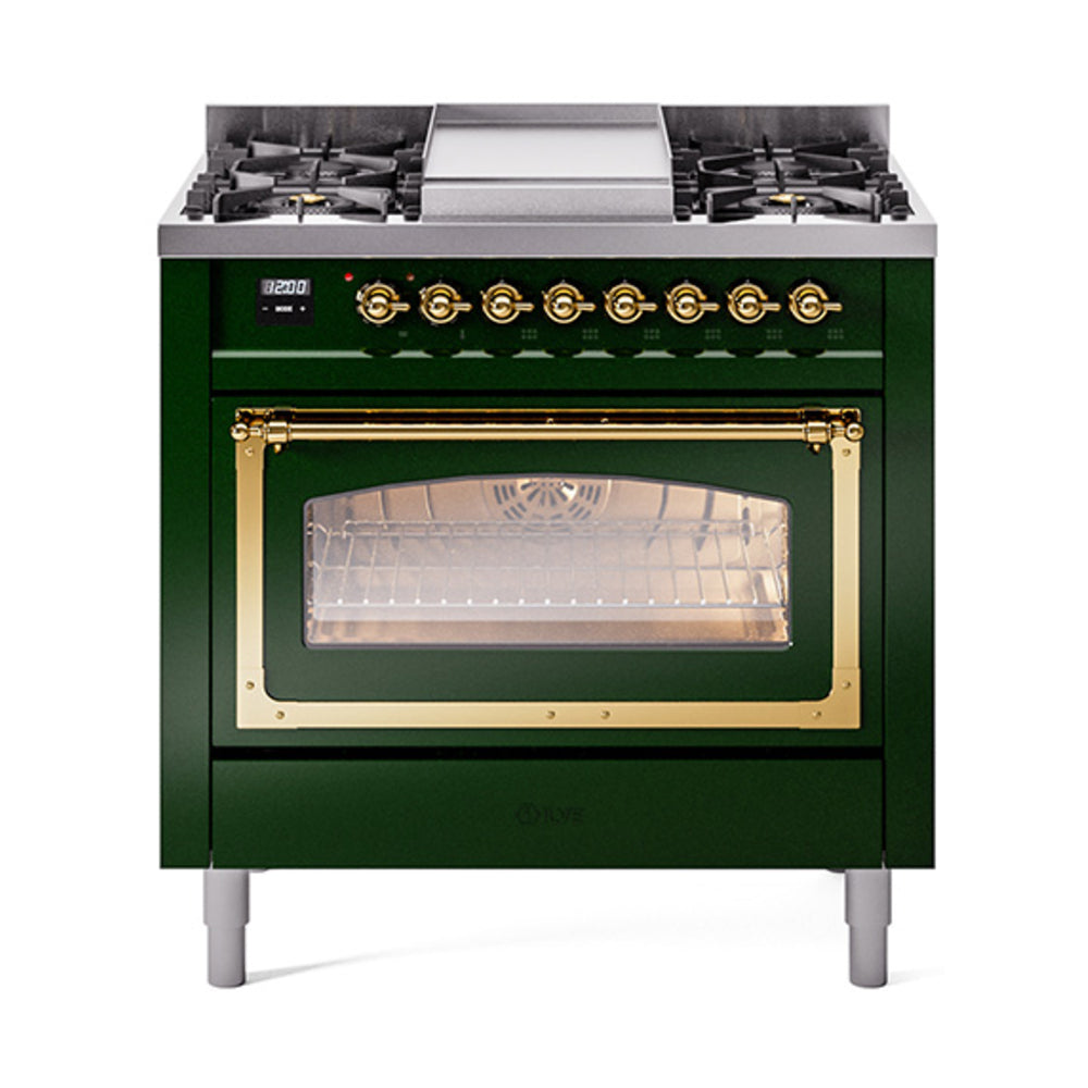 ILVE Nostalgie II Noblesse 36-Inch Natural Gas Dual Fuel Range, Triple Glass Door Oven, Emerald Green with Brass Trim (UN36FNMPEGG)