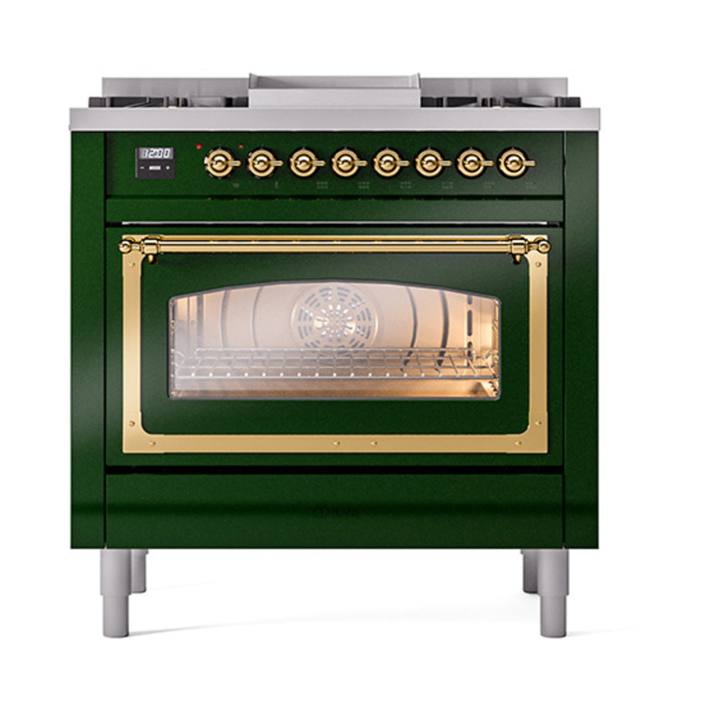 ILVE Nostalgie II Noblesse 36-Inch Natural Gas Dual Fuel Range, Triple Glass Door Oven, Emerald Green with Brass Trim (UN36FNMPEGG)