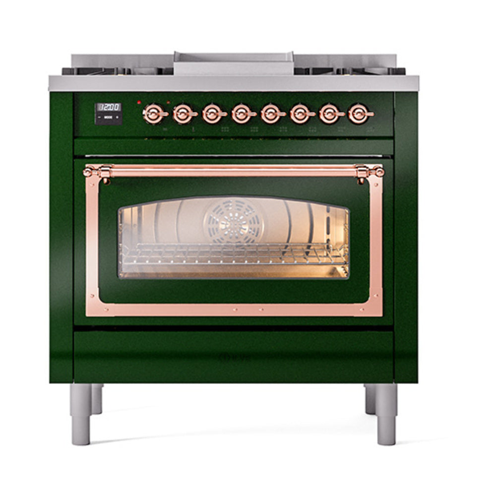 ILVE Nostalgie II Noblesse 36-Inch Propane Dual Fuel Range, Triple Glass Door, Emerald Green with Copper Trim (UN36FNMPEGPLP)