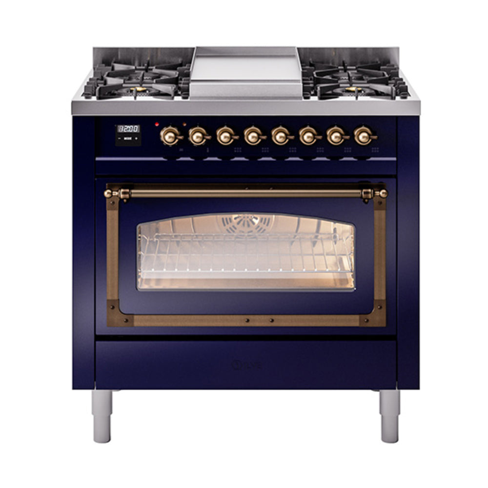 ILVE Nostalgie II Noblesse 36-Inch Propane Dual Fuel Range, Triple Glass Door, Midnight Blue with Burnished Bronze Trim (UN36FNMPMBBLP)