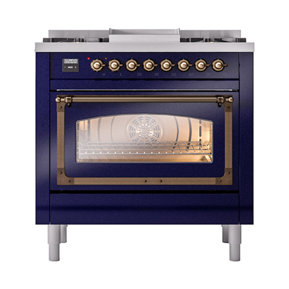 ILVE Nostalgie II Noblesse 36-Inch Propane Dual Fuel Range, Triple Glass Door, Midnight Blue with Burnished Bronze Trim (UN36FNMPMBBLP)