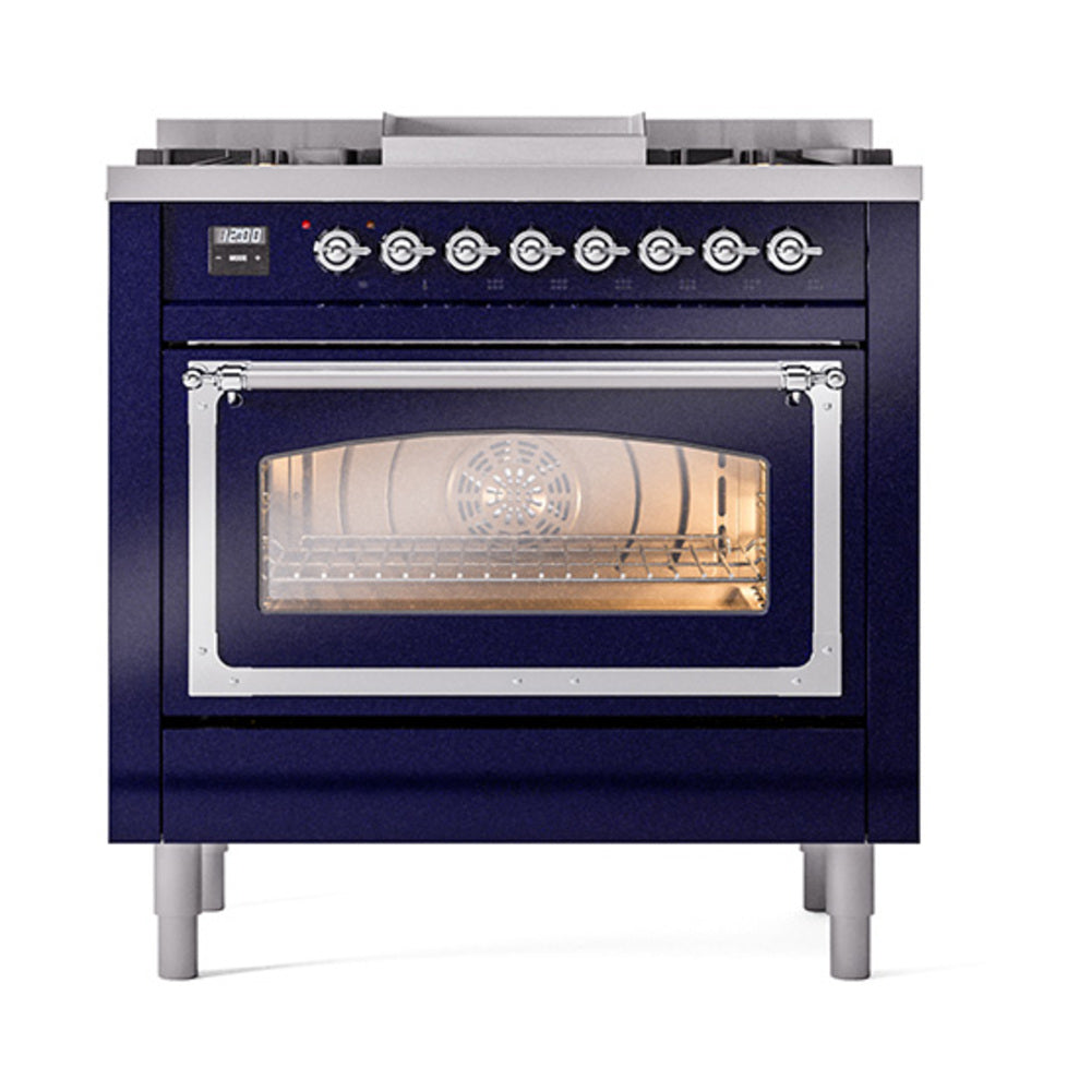 ILVE Nostalgie II Noblesse 36-Inch Natural Gas Dual Fuel Range, Triple Glass Door Oven, Midnight Blue with Chrome Trim (UN36FNMPMBC)