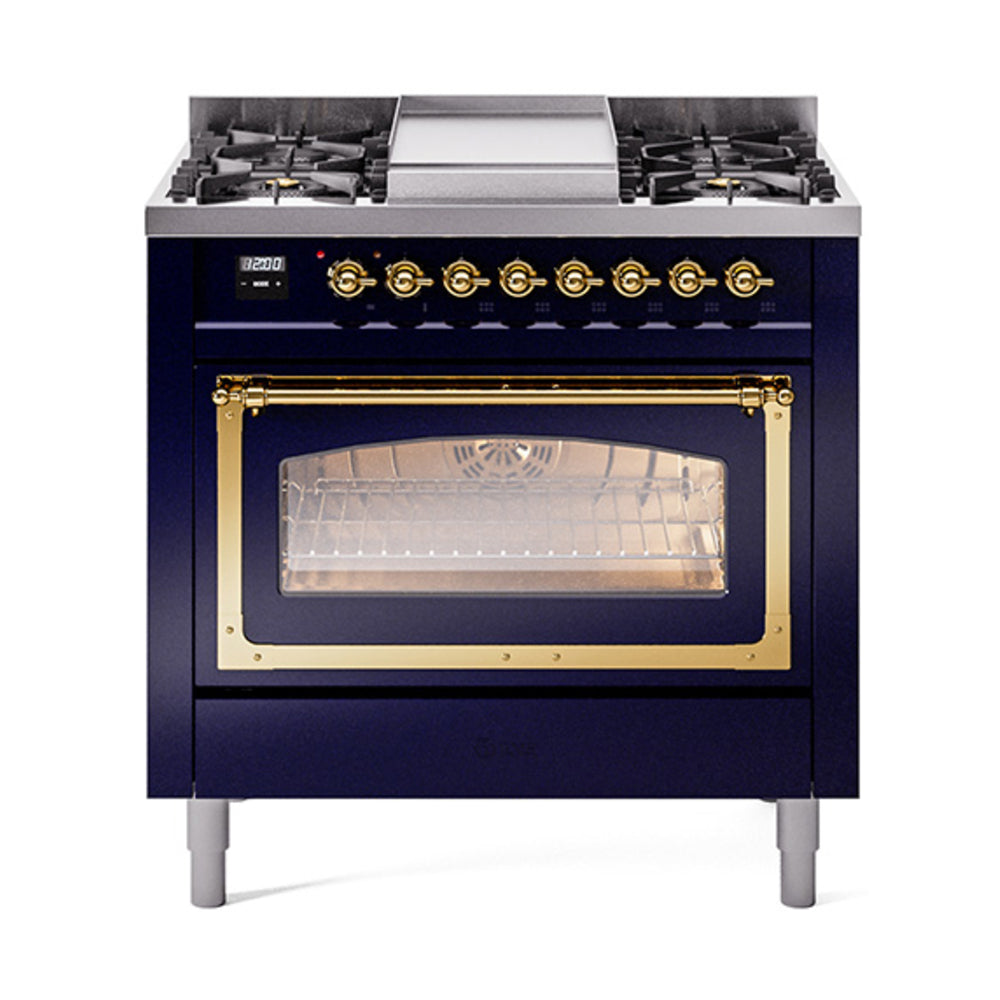 ILVE Nostalgie II Noblesse 36-Inch Natural Gas Dual Fuel Range, Triple Glass Door Oven, Midnight Blue with Brass Trim (UN36FNMPMBG)