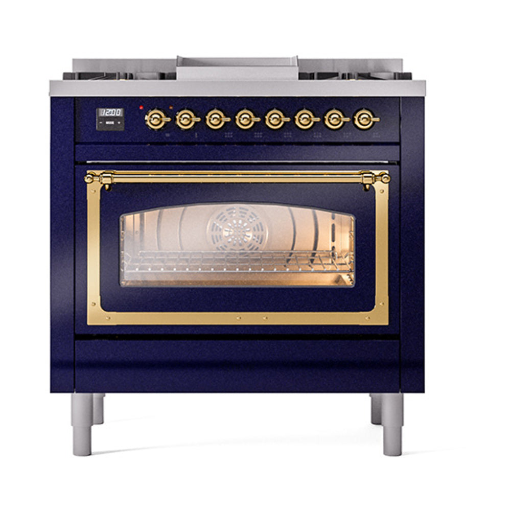 ILVE Nostalgie II Noblesse 36-Inch Natural Gas Dual Fuel Range, Triple Glass Door Oven, Midnight Blue with Brass Trim (UN36FNMPMBG)