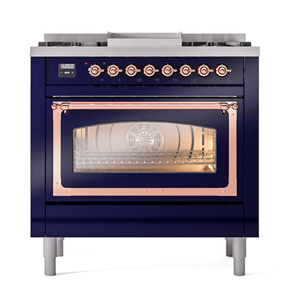 ILVE Nostalgie II Noblesse 36-Inch Propane Dual Fuel Range, Triple Glass Door, Midnight Blue with Copper Trim (UN36FNMPMBPLP)