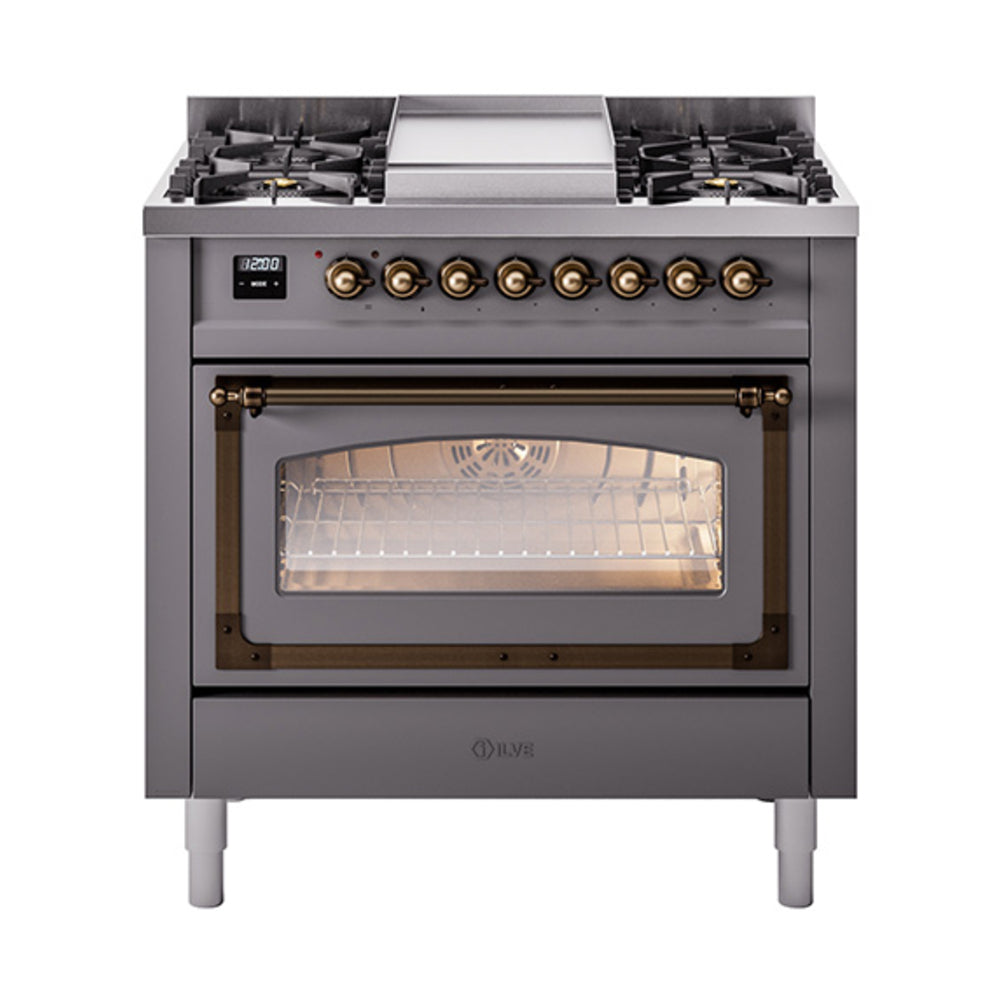 ILVE Nostalgie II Noblesse 36-Inch Propane Dual Fuel Range, Triple Glass Door, Matte Graphite with Burnished Bronze Trim (UN36FNMPMGBLP)