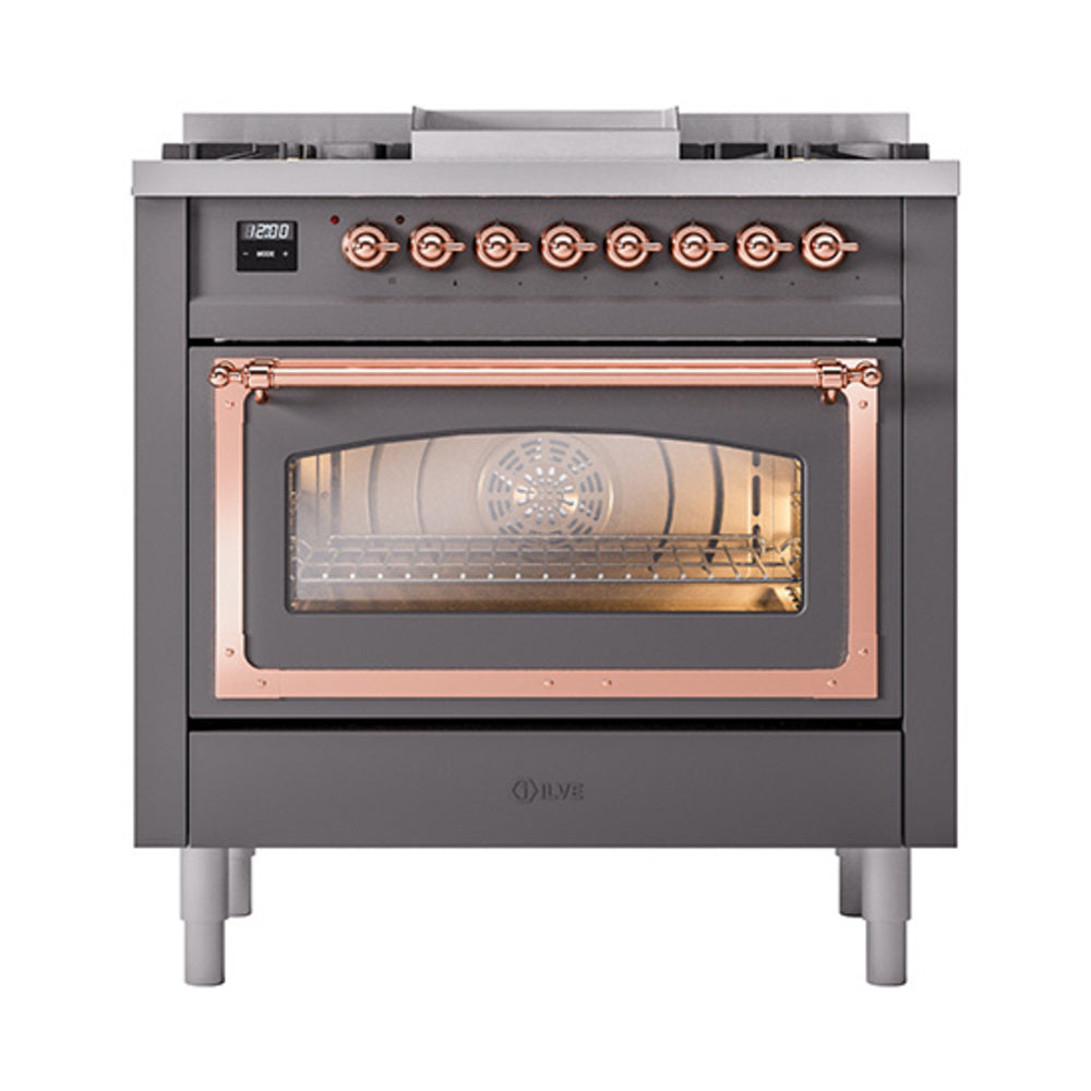 ILVE Nostalgie II Noblesse 36-Inch Natural Gas Dual Fuel Range, Triple Glass Door Oven, Matte Graphite with Copper Trim (UN36FNMPMGP)