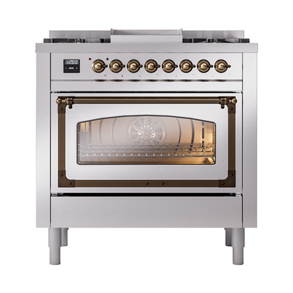 ILVE Nostalgie II Noblesse 36-Inch Natural Gas Dual Fuel Range, Triple Glass Door Oven, Stainless Steel with Burnished Bronze Trim (UN36FNMPSSB)