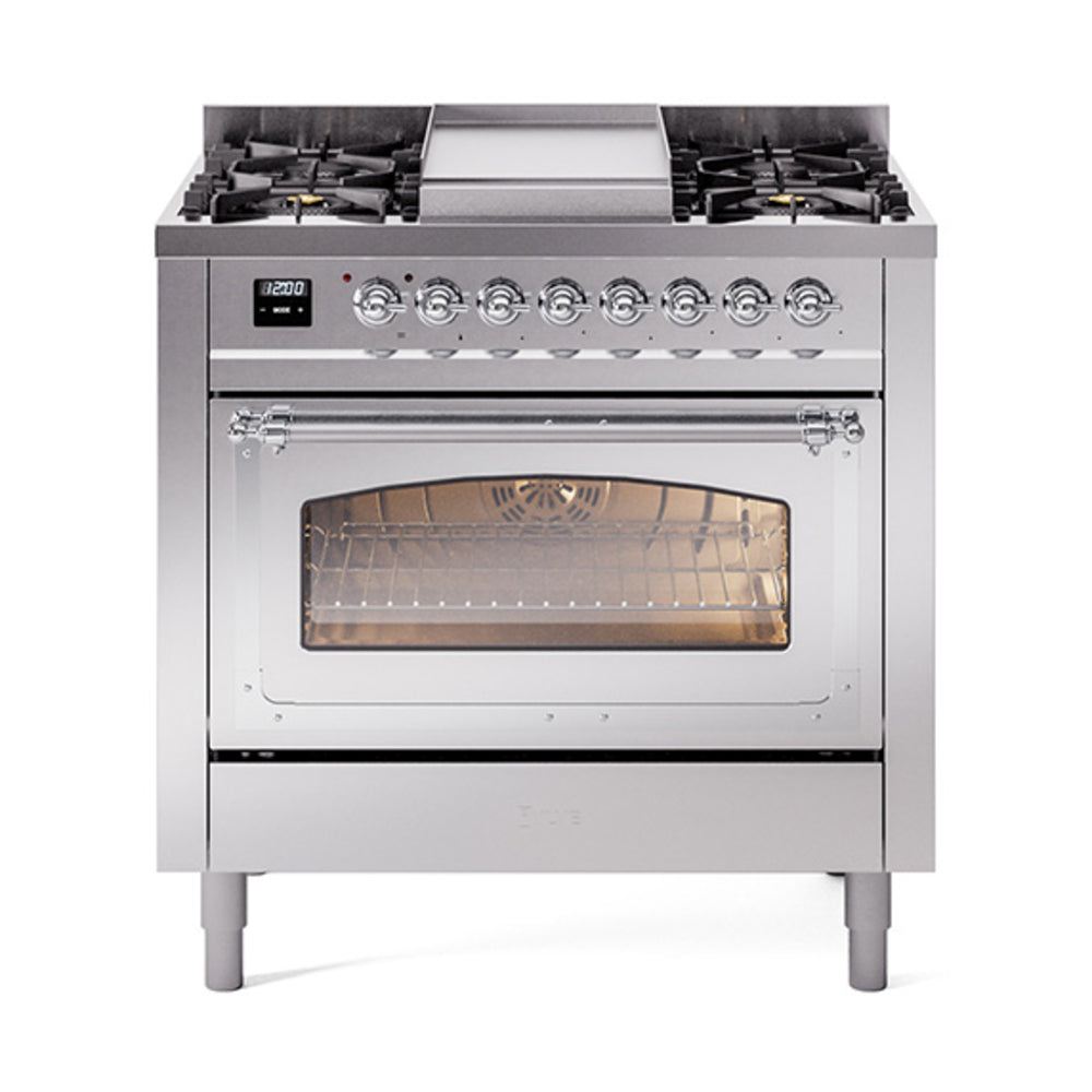 ILVE Nostalgie II Noblesse 36-Inch Propane Dual Fuel Range, Triple Glass Door, Stainless Steel with Chrome Trim (UN36FNMPSSCLP)