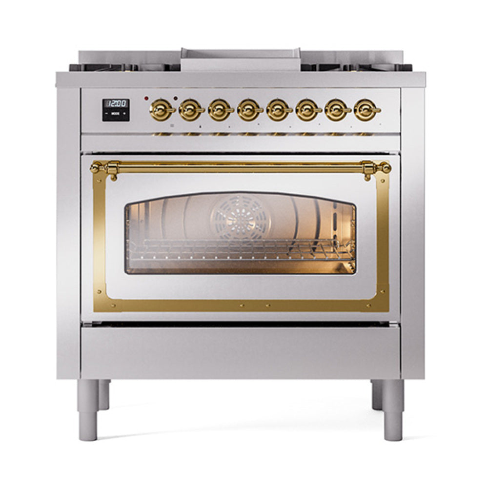 ILVE Nostalgie II Noblesse 36-Inch Natural Gas Dual Fuel Range, Triple Glass Door Oven, Stainless Steel with Brass Trim (UN36FNMPSSG)