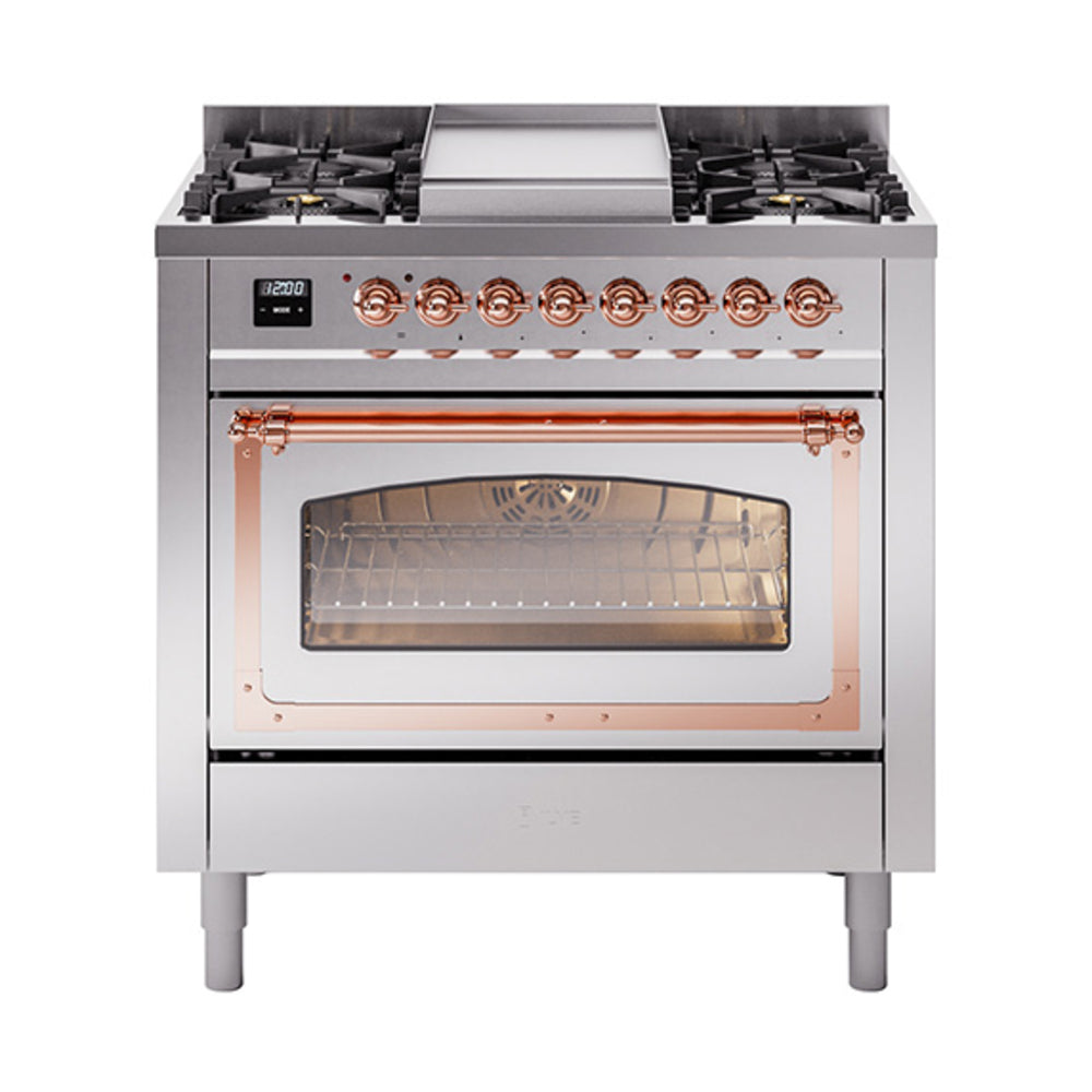 ILVE Nostalgie II Noblesse 36-Inch Propane Dual Fuel Range, Triple Glass Door, Stainless Steel with Copper Trim (UN36FNMPSSPLP)