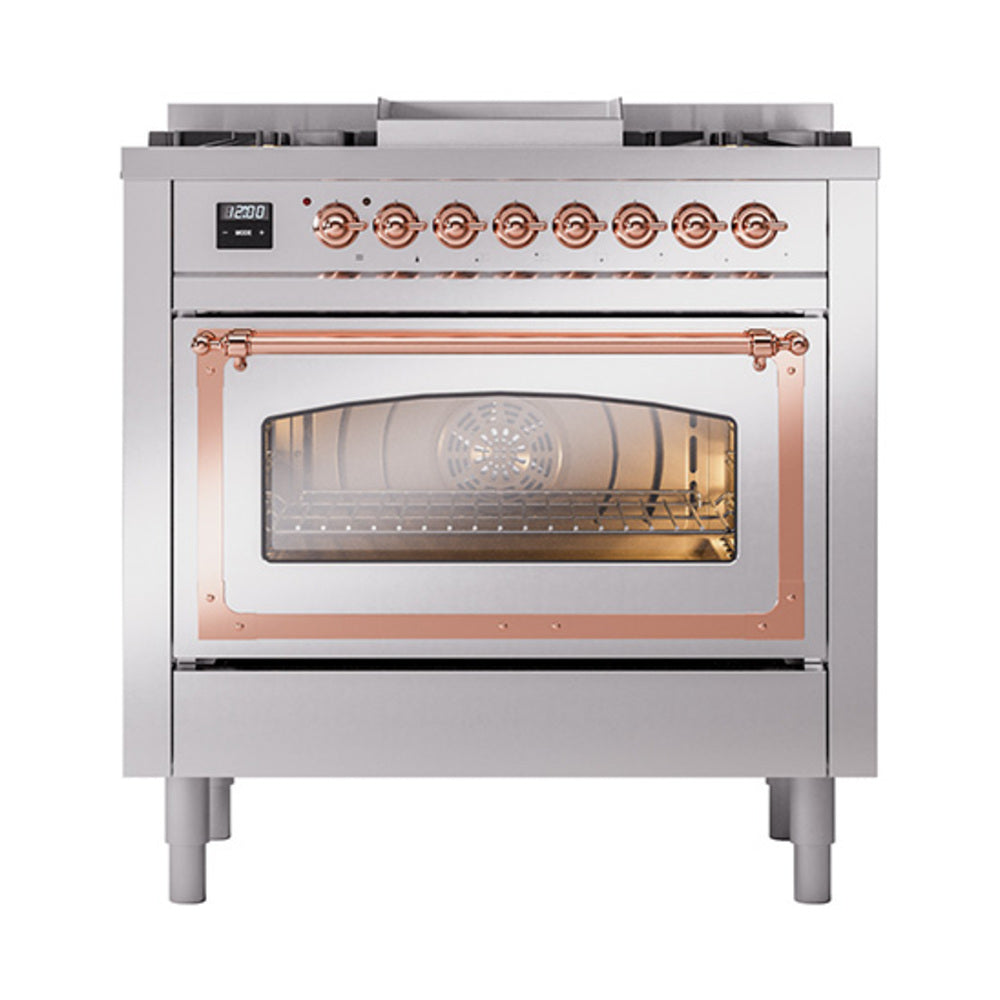 ILVE Nostalgie II Noblesse 36-Inch Natural Gas Dual Fuel Range, Triple Glass Door Oven, Stainless Steel with Copper Trim (UN36FNMPSSP)
