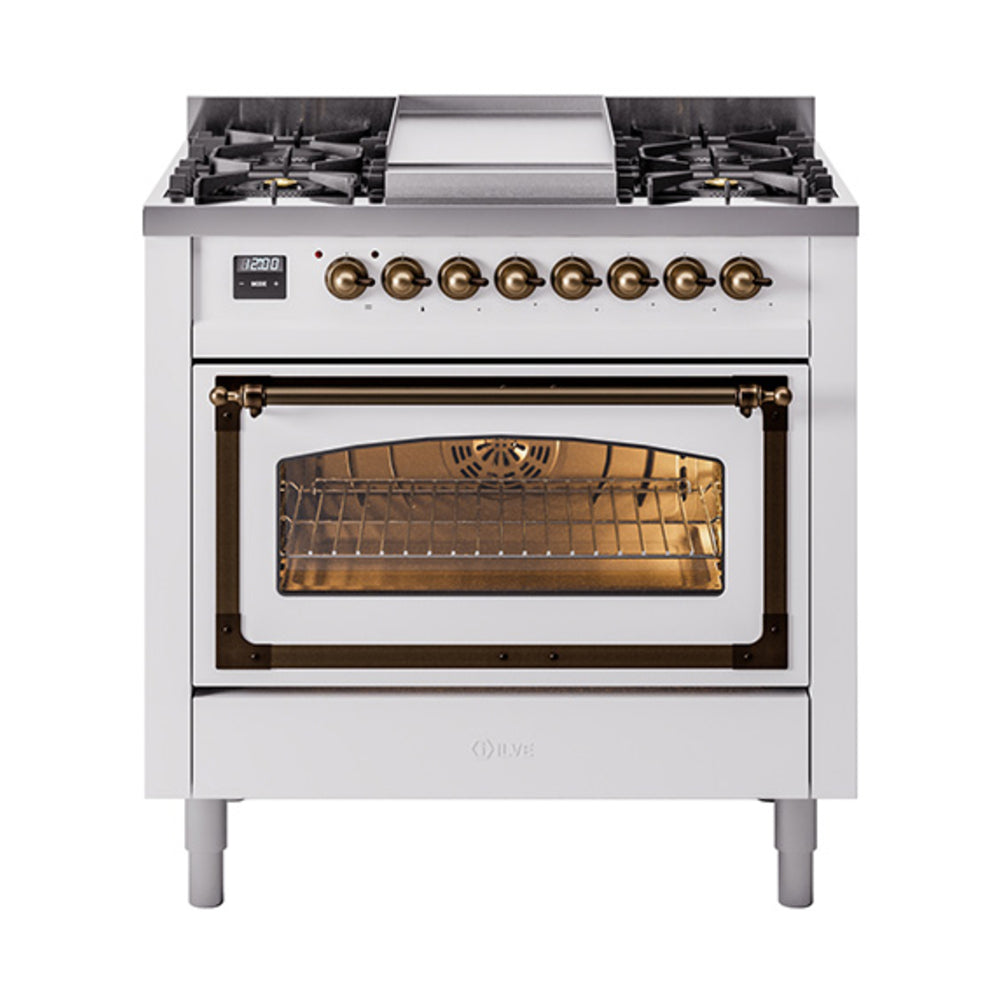 ILVE Nostalgie II Noblesse 36-Inch Natural Gas Dual Fuel Range, Triple Glass Door Oven, White with Burnished Bronze Trim (UN36FNMPWHB)