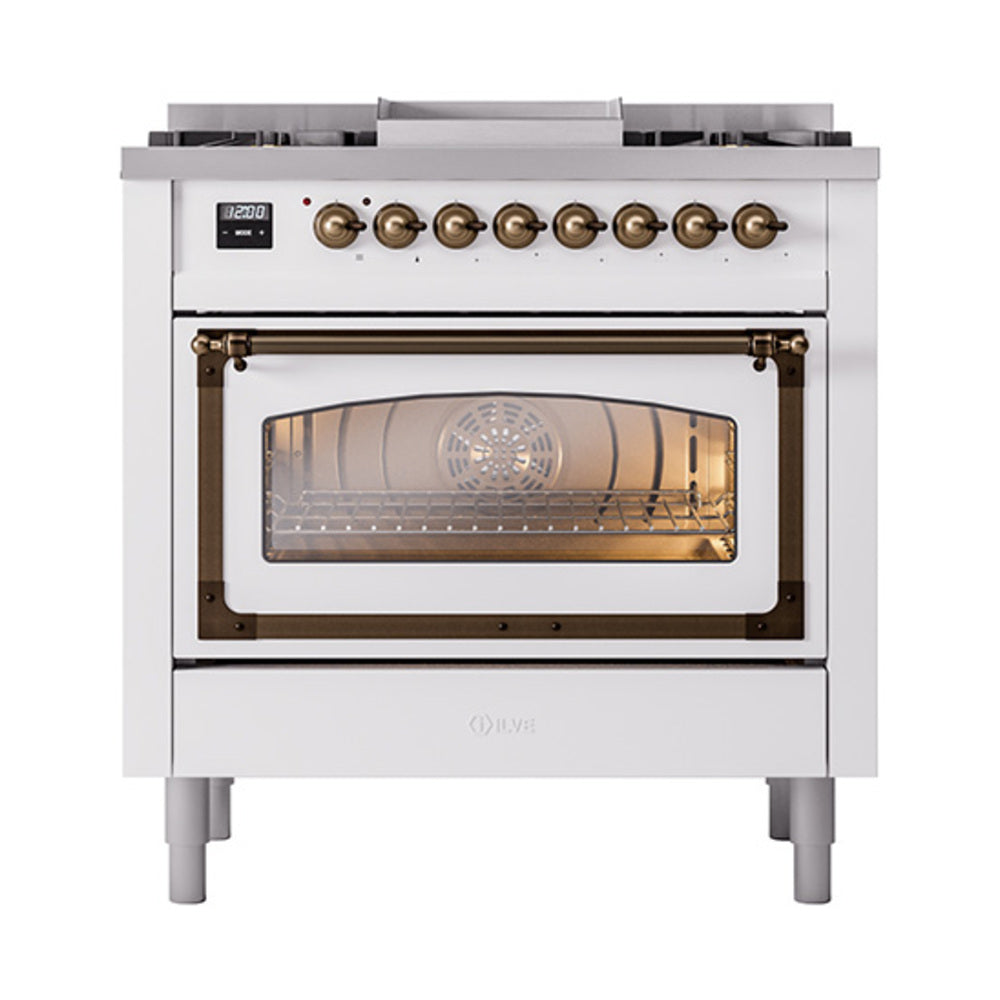 ILVE Nostalgie II Noblesse 36-Inch Propane Dual Fuel Range, Triple Glass Door, White with Burnished Bronze Trim (UN36FNMPWHBLP)