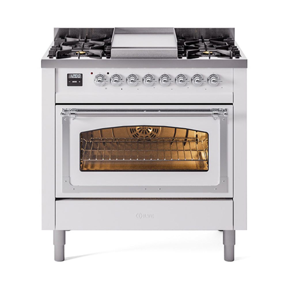 ILVE Nostalgie II Noblesse 36-Inch Propane Dual Fuel Range, Triple Glass Door, White with Chrome Trim (UN36FNMPWHCLP)