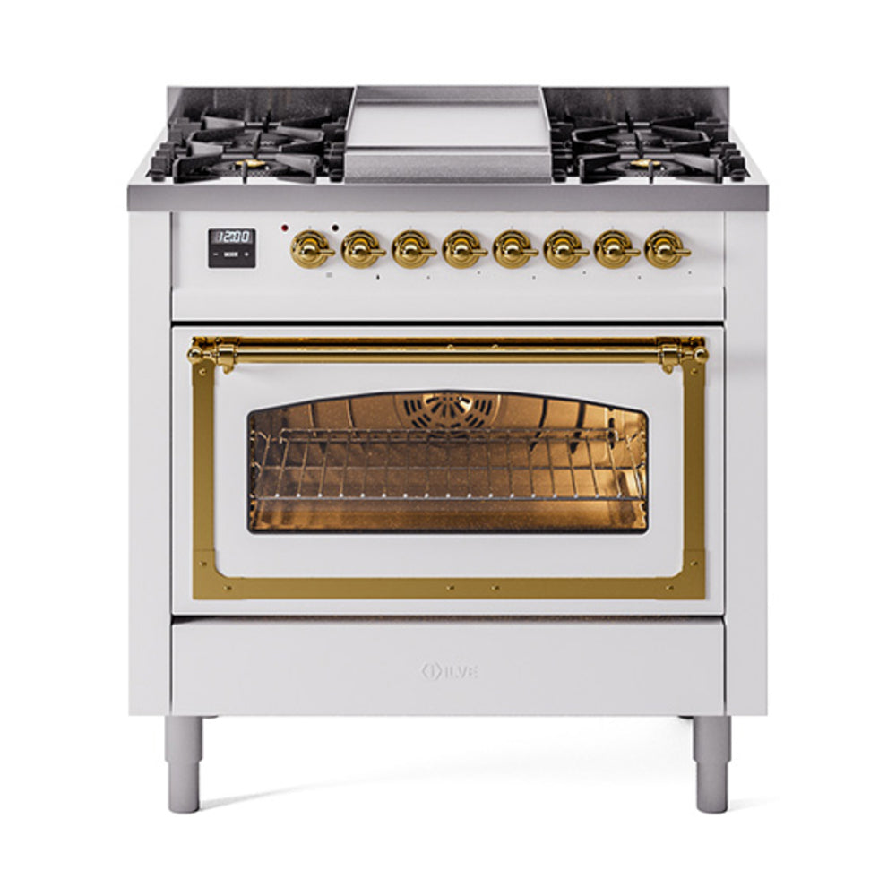 ILVE Nostalgie II Noblesse 36-Inch Propane Dual Fuel Range, Triple Glass Door, White with Brass Trim (UN36FNMPWHGLP)